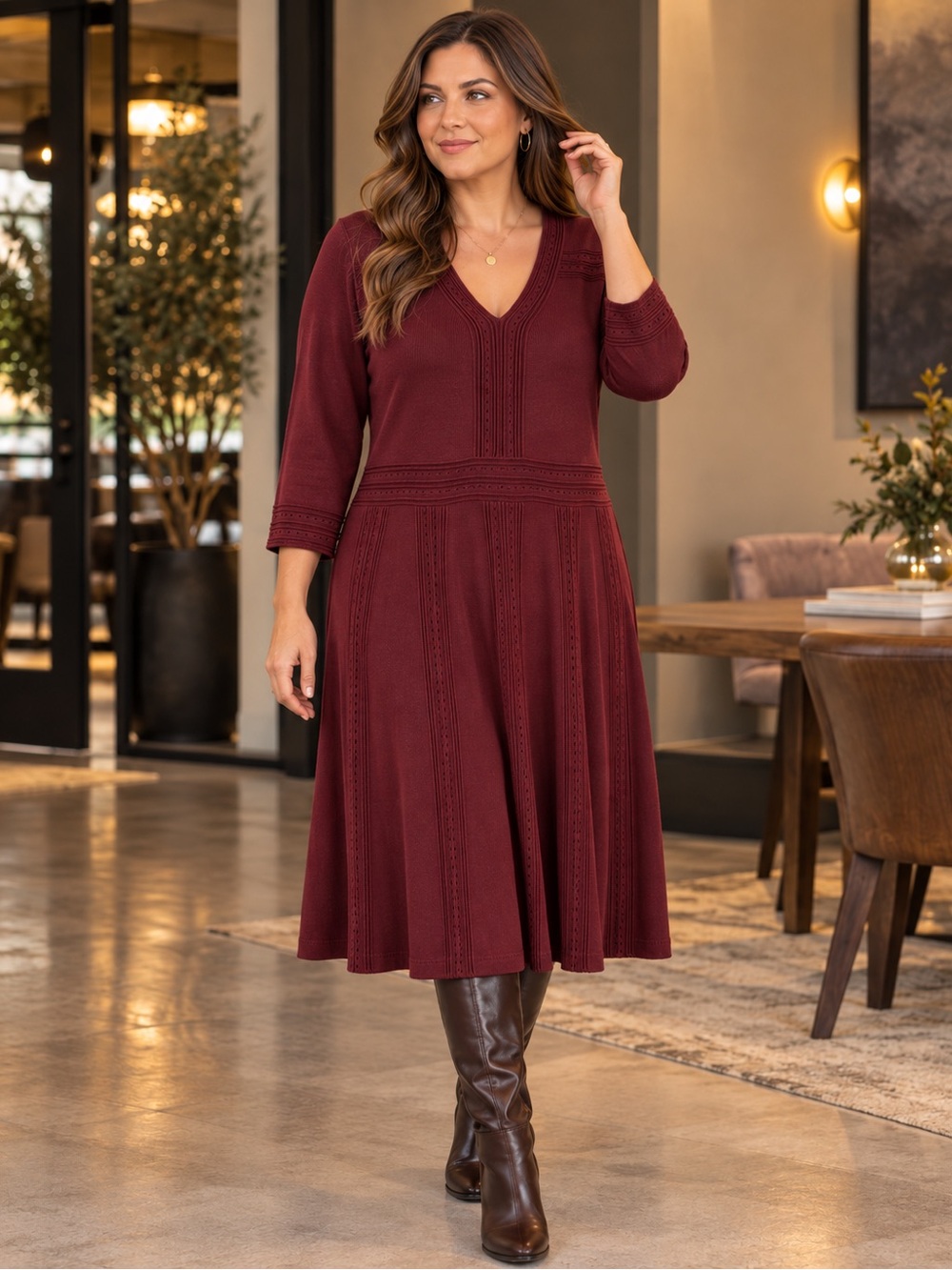 Lane Bryant 14/16 Burgundy Pointelle Knit Midi Sweater Dress V-neck A-Line Plus